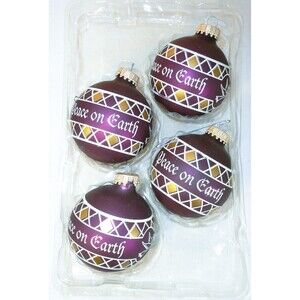 4 Vintage Christmas Glass Ornaments Purple Gold "Peace on Earth" Dove in box
